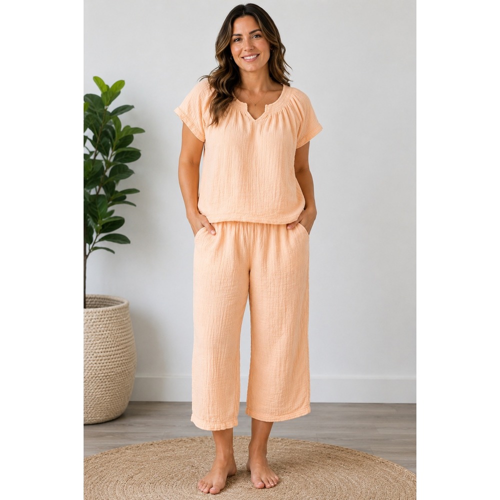 National Womens XL Peach 100% Cotton Gauze Lounge Set Short Sleeve Top Capri